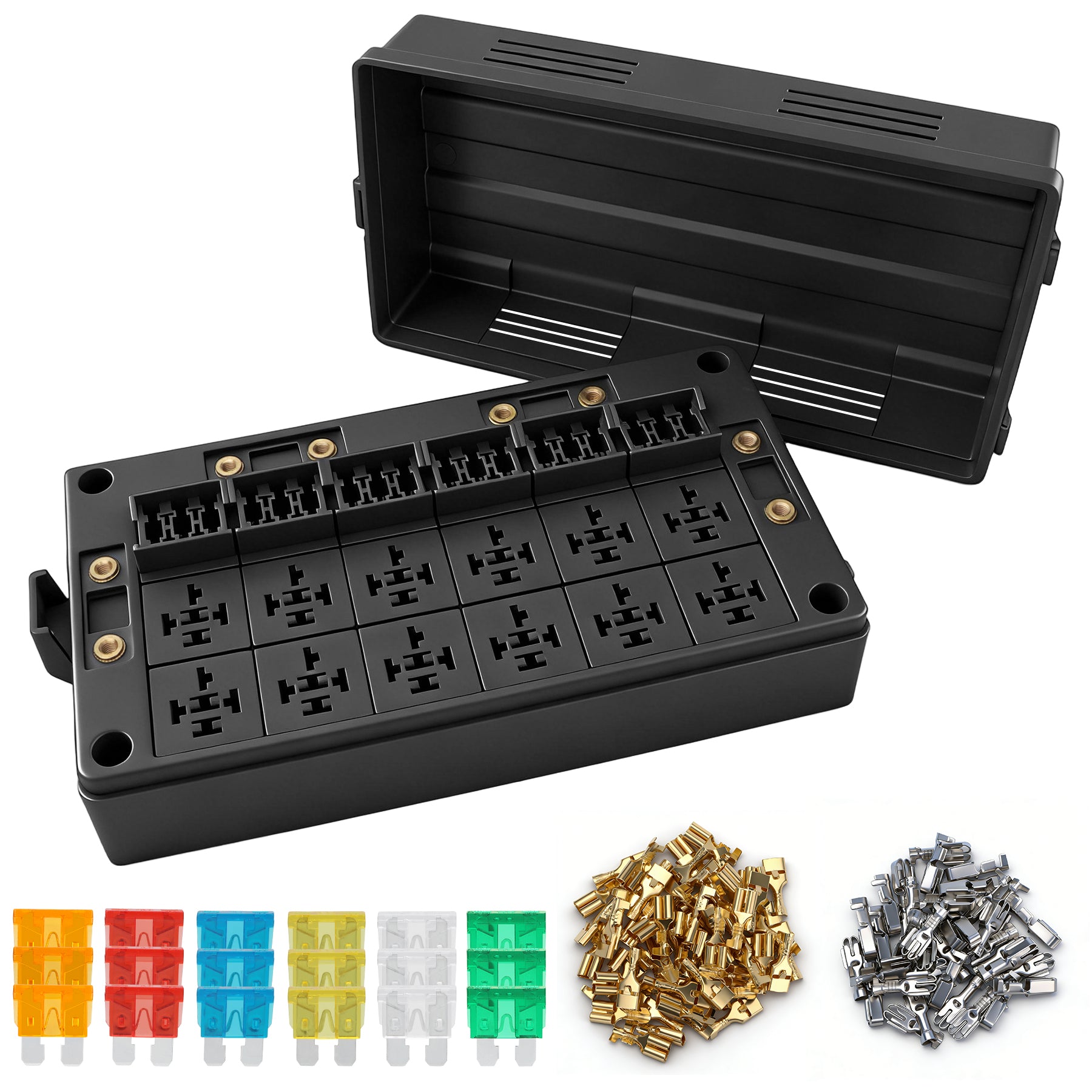 Weasch 12V 18 Way Fuse Relay Box, 12 Slots Relays Holder 18 Slots ATC/