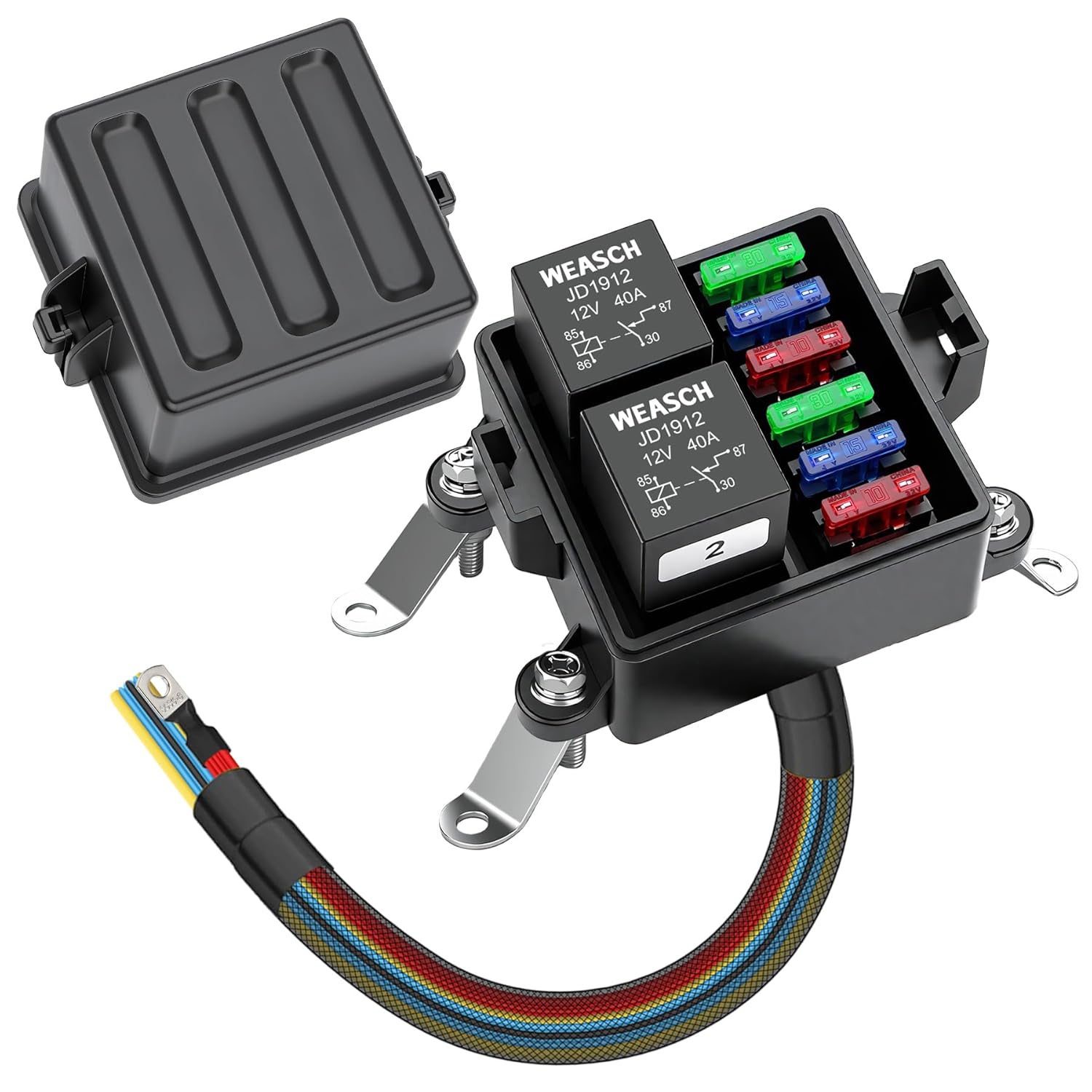 Weasch 12V 6 Way Pre-Wired Waterproof Fuse Relay Box, 2 Relays and 6 A
