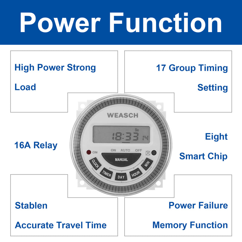 Weasch Timer Switch, CN304 16Amp 5Pins SPDT, Digital LCD Power Programmable Timer Time Relay Switch, Supports 17 Scheduled Times Daily or Weekly-2