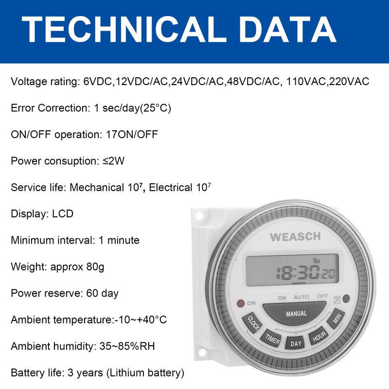 Weasch Timer Switch, CN304 16Amp 5Pins SPDT, Digital LCD Power Programmable Timer Time Relay Switch, Supports 17 Scheduled Times Daily or Weekly-3