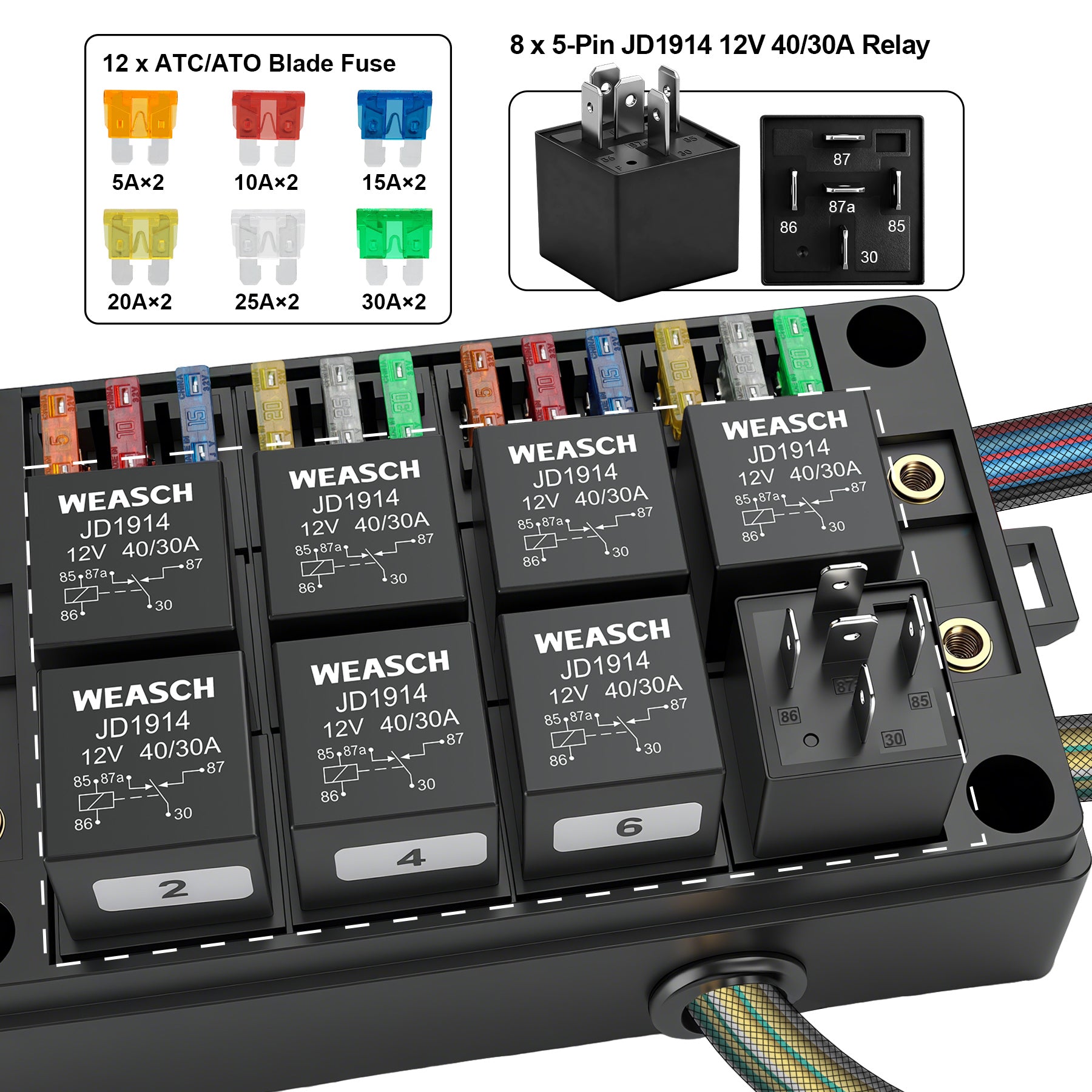 Weasch 12V 12 Way Automotive Fuse and Relay Box, 8 Relays and 12 ATC/ATO Blade Fuses, Pre-Wired Fuse Relay Box for Cars Truck Marine Boat Jeep-7