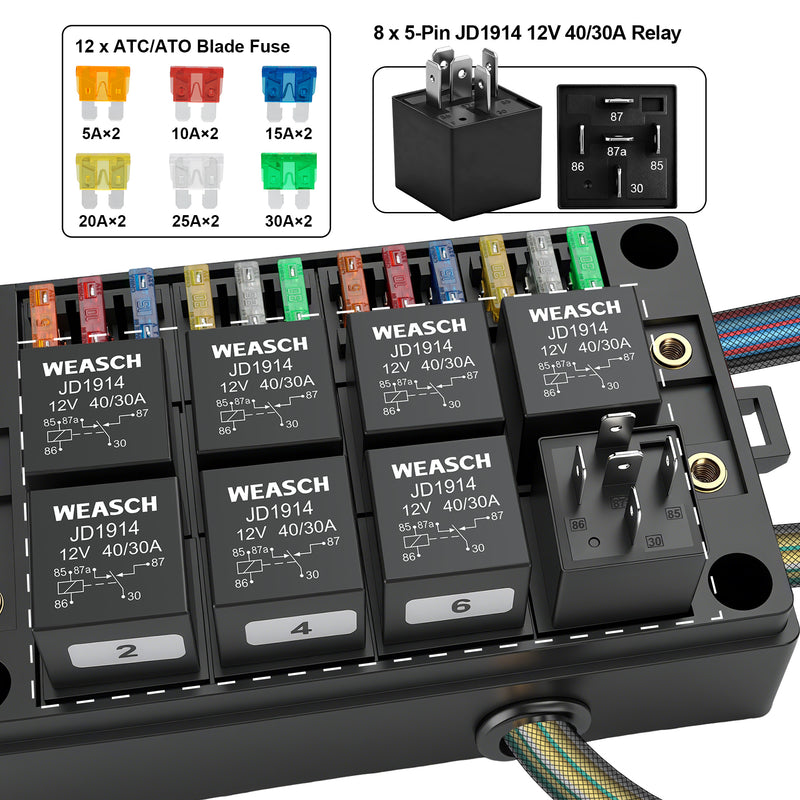 Weasch 12V 12 Way Automotive Fuse and Relay Box, 8 Relays and 12 ATC/ATO Blade Fuses, Pre-Wired Fuse Relay Box for Cars Truck Marine Boat Jeep-7
