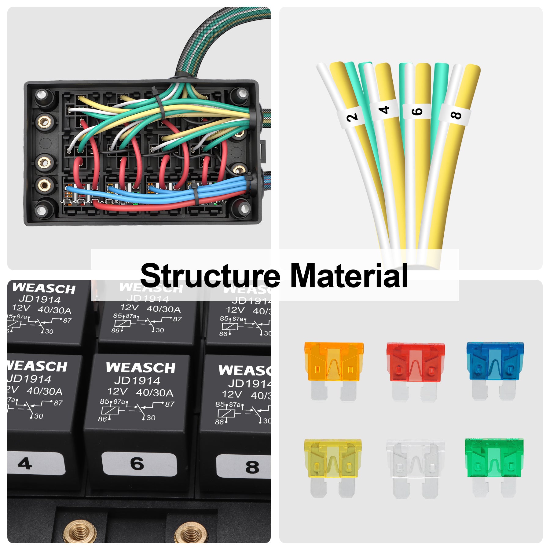 Weasch 12V 12 Way Automotive Fuse and Relay Box, 8 Relays and 12 ATC/ATO Blade Fuses, Pre-Wired Fuse Relay Box for Cars Truck Marine Boat Jeep-8