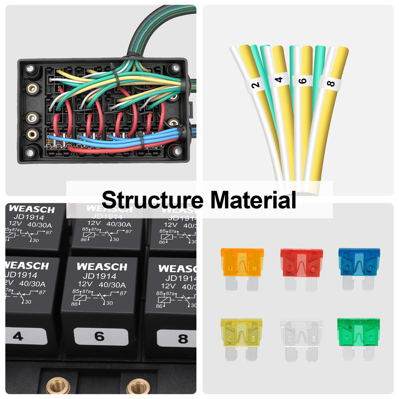 Weasch 12V 12 Way Automotive Fuse and Relay Box, 8 Relays and 12 ATC/ATO Blade Fuses, Pre-Wired Fuse Relay Box for Cars Truck Marine Boat Jeep-8