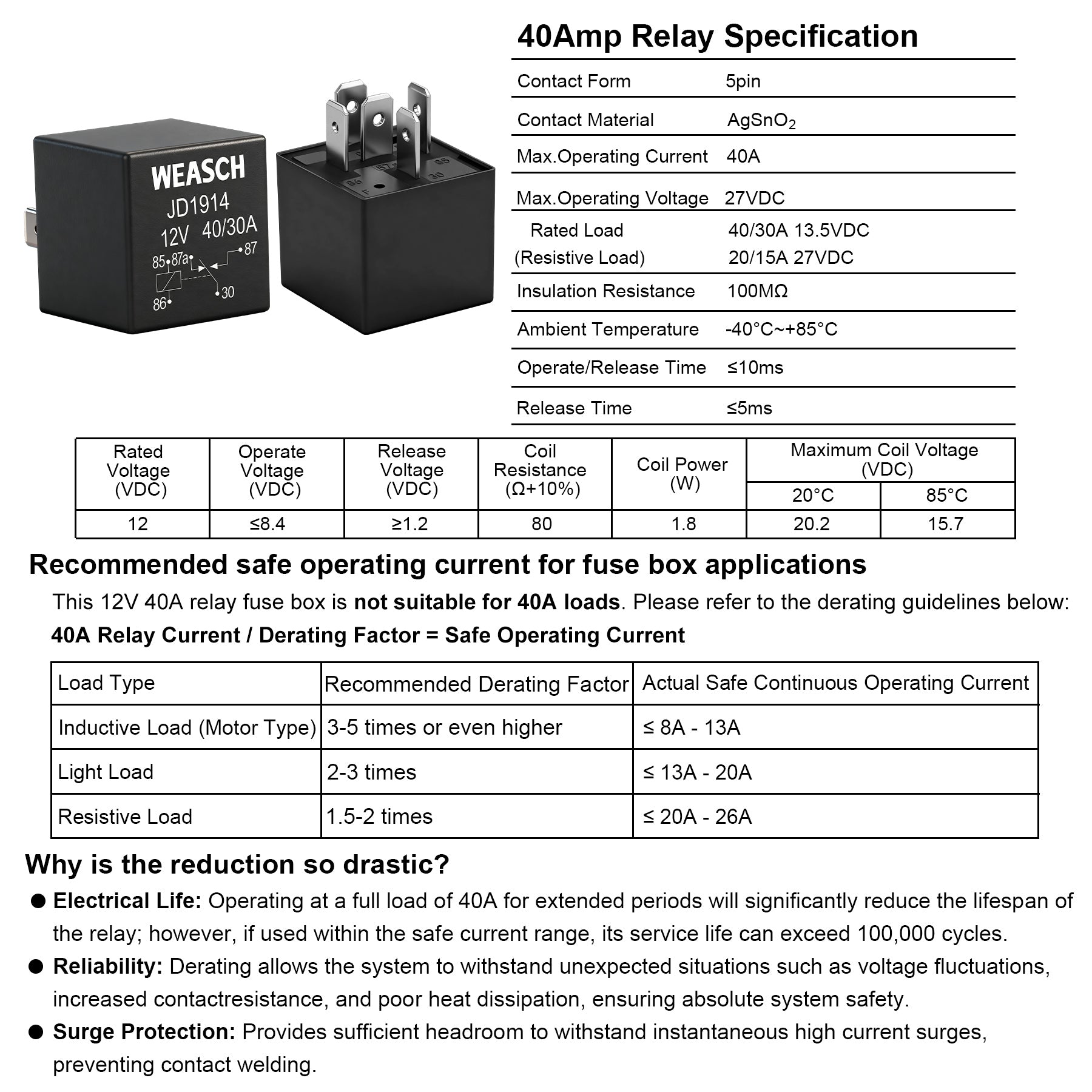 Weasch 12V 12 Way Automotive Fuse and Relay Box, 8 Relays and 12 ATC/ATO Blade Fuses, Pre-Wired Fuse Relay Box for Cars Truck Marine Boat Jeep-5