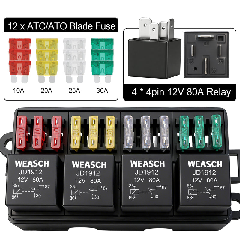 Weasch 12V 12 Way Fuse Relay Box, 4x4-Pin 80Amp Relays and 12 ATC/ATO Blade Fuses, for Cars Truck Jeep-2