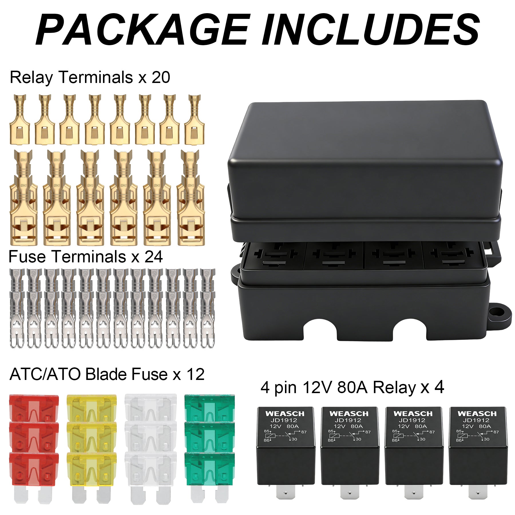 Weasch 12V 12 Way Fuse Relay Box, 4x4-Pin 80Amp Relays and 12 ATC/ATO Blade Fuses, for Cars Truck Jeep-7