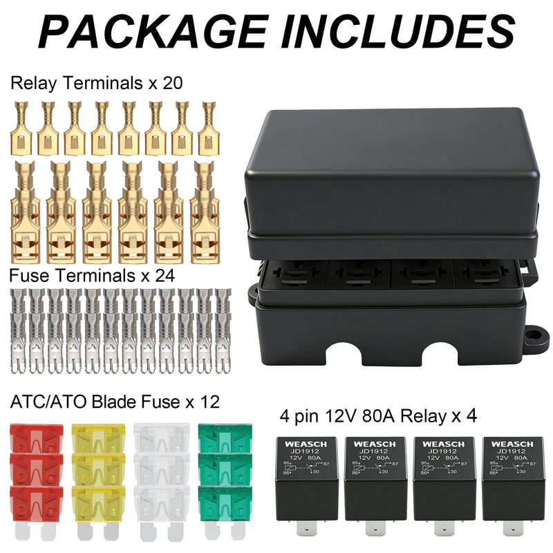 Weasch 12V 12 Way Fuse Relay Box, 4x4-Pin 80Amp Relays and 12 ATC/ATO Blade Fuses, for Cars Truck Jeep-7