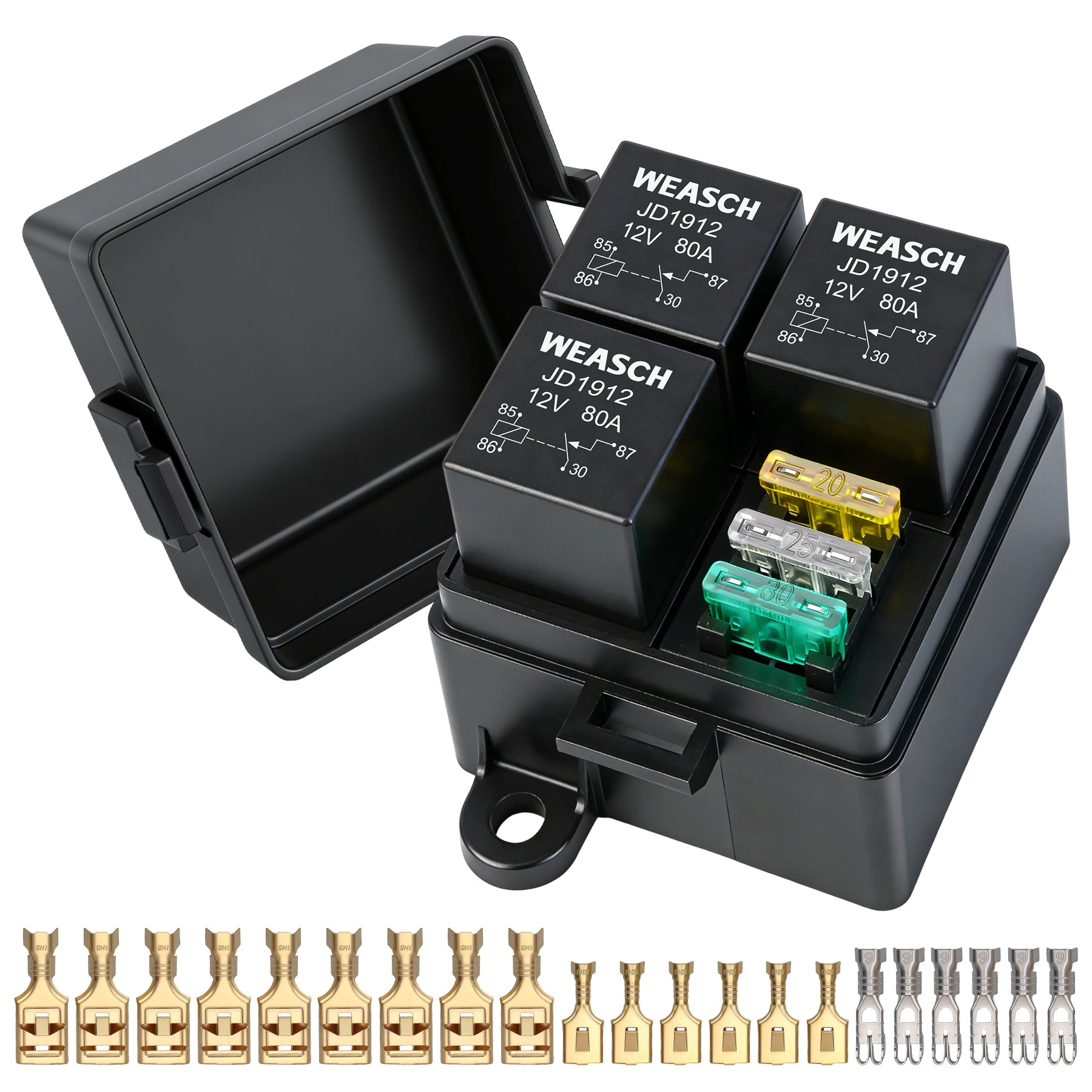 Weasch 12V 3 Way Fuse Relay Weasch Box, 3x4-Pin 80Amp Relays and 3 ATC/ATO Blade Fuses, for Cars Truck Jeep-1