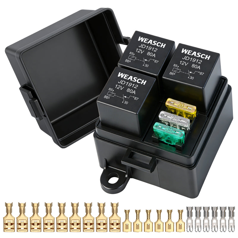 Weasch 12V 3 Way Fuse Relay Weasch Box, 3x4-Pin 80Amp Relays and 3 ATC/ATO Blade Fuses, for Cars Truck Jeep-1