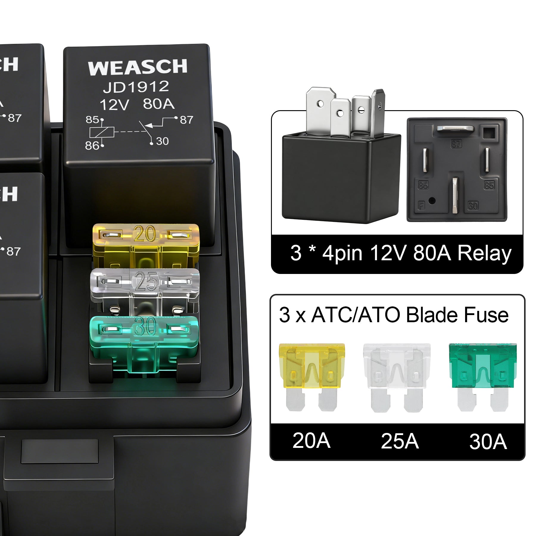 Weasch 12V 3 Way Fuse Relay Weasch Box, 3x4-Pin 80Amp Relays and 3 ATC/ATO Blade Fuses, for Cars Truck Jeep-7
