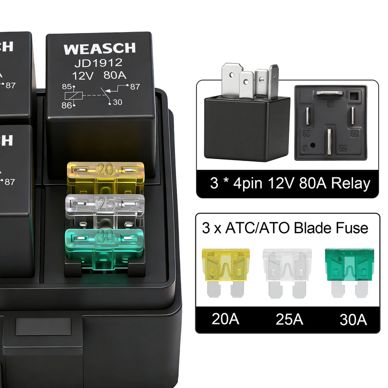 Weasch 12V 3 Way Fuse Relay Weasch Box, 3x4-Pin 80Amp Relays and 3 ATC/ATO Blade Fuses, for Cars Truck Jeep-7