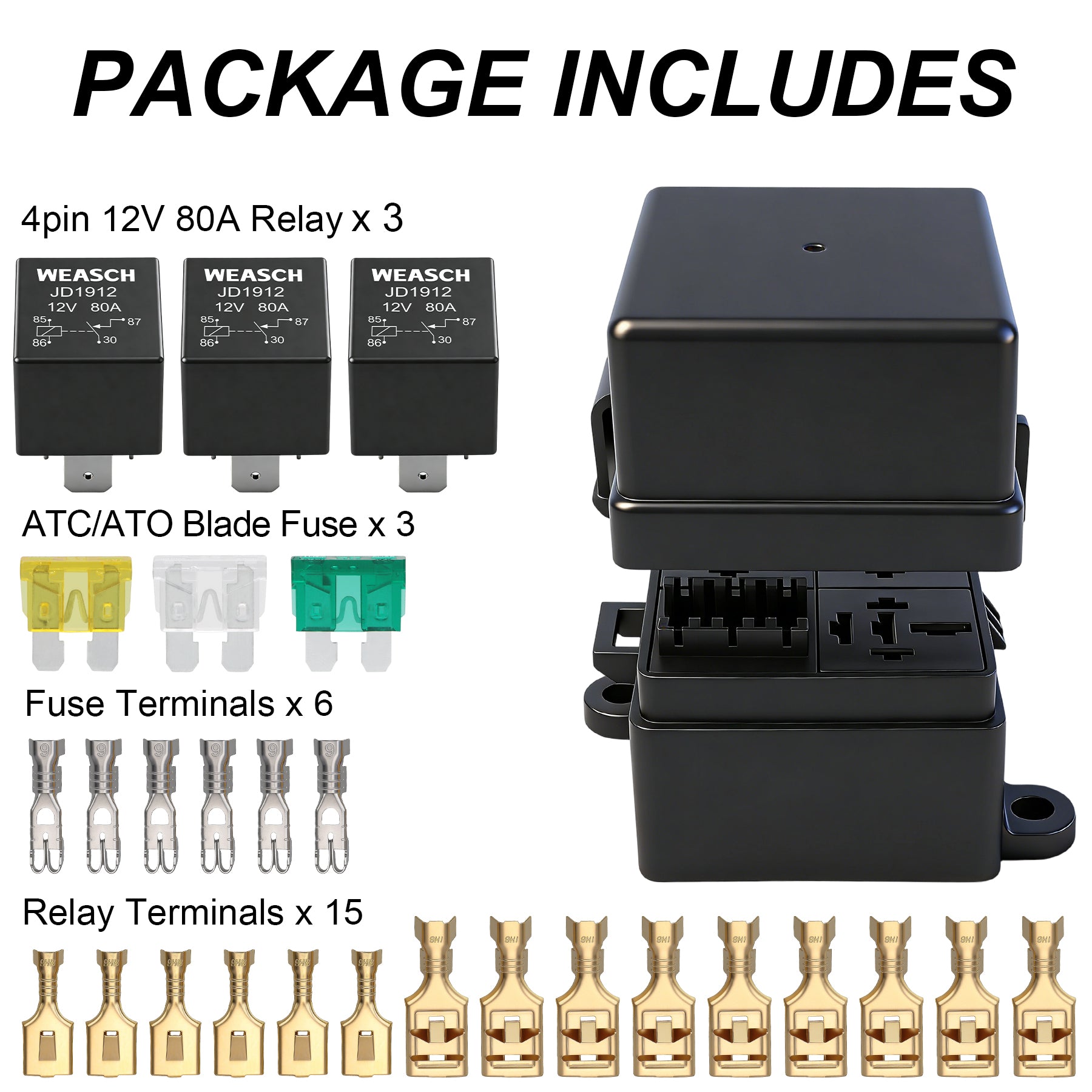 Weasch 12V 3 Way Fuse Relay Weasch Box, 3x4-Pin 80Amp Relays and 3 ATC/ATO Blade Fuses, for Cars Truck Jeep-2