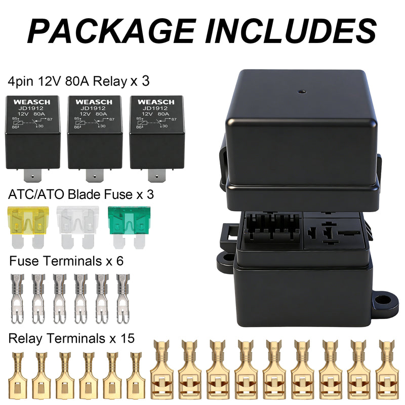Weasch 12V 3 Way Fuse Relay Weasch Box, 3x4-Pin 80Amp Relays and 3 ATC/ATO Blade Fuses, for Cars Truck Jeep-2