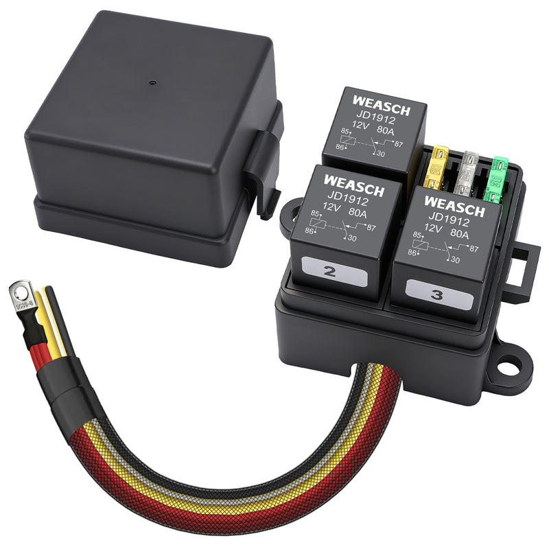 Weasch 12V 3 Way Pre-Wired Fuse Relay Box, 4-Pin 80A Relay Block and Kit, 3 Relays and 3 ATC/ATO Blade Fuses, for Cars Truck Jeep-1