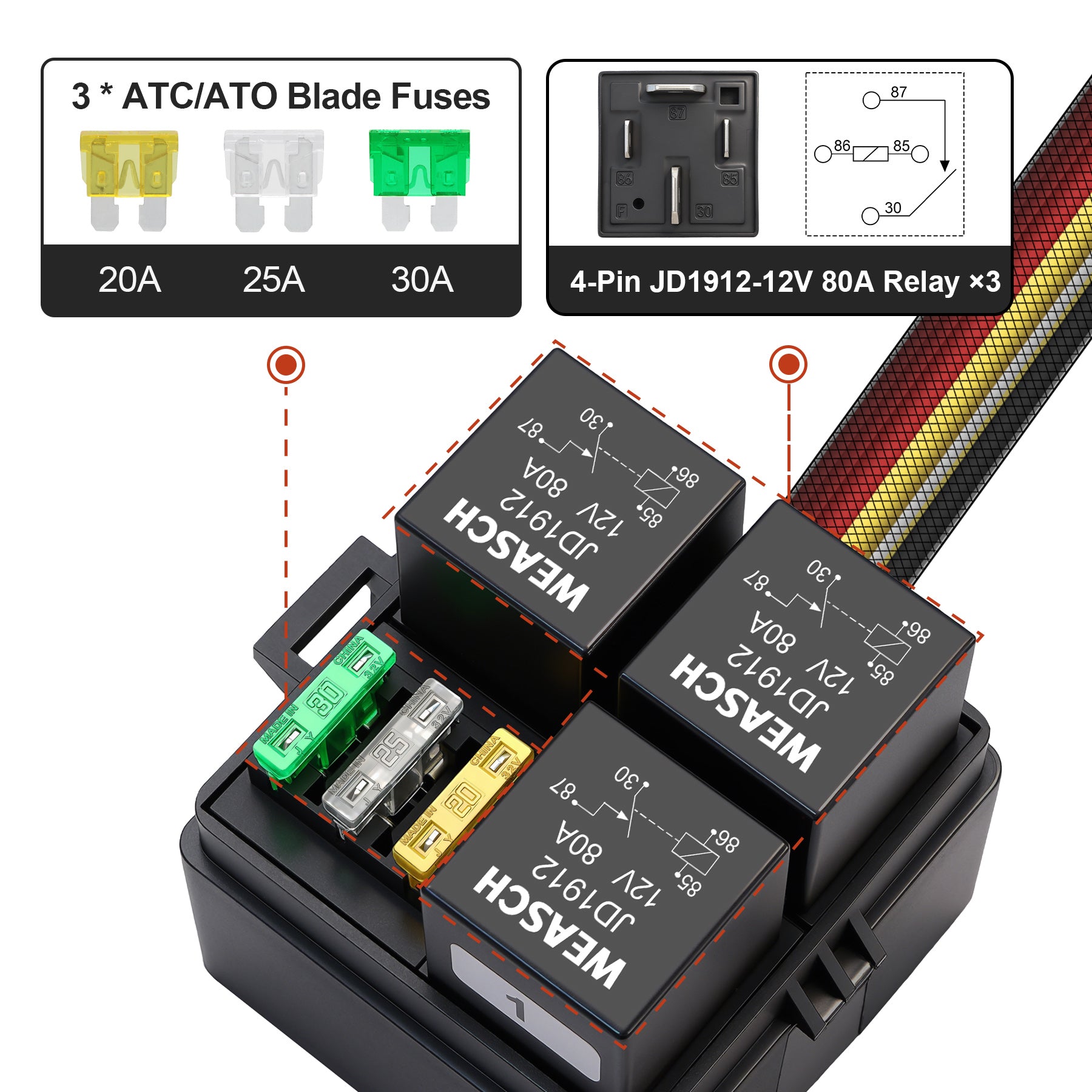 Weasch 12V 3 Way Pre-Wired Fuse Relay Box, 4-Pin 80A Relay Block and Kit, 3 Relays and 3 ATC/ATO Blade Fuses, for Cars Truck Jeep-7