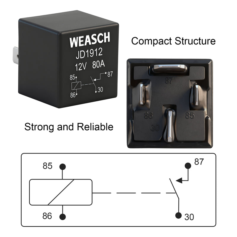 Weasch 12V 3 Way Pre-Wired Fuse Relay Box, 4-Pin 80A Relay Block and Kit, 3 Relays and 3 ATC/ATO Blade Fuses, for Cars Truck Jeep-8