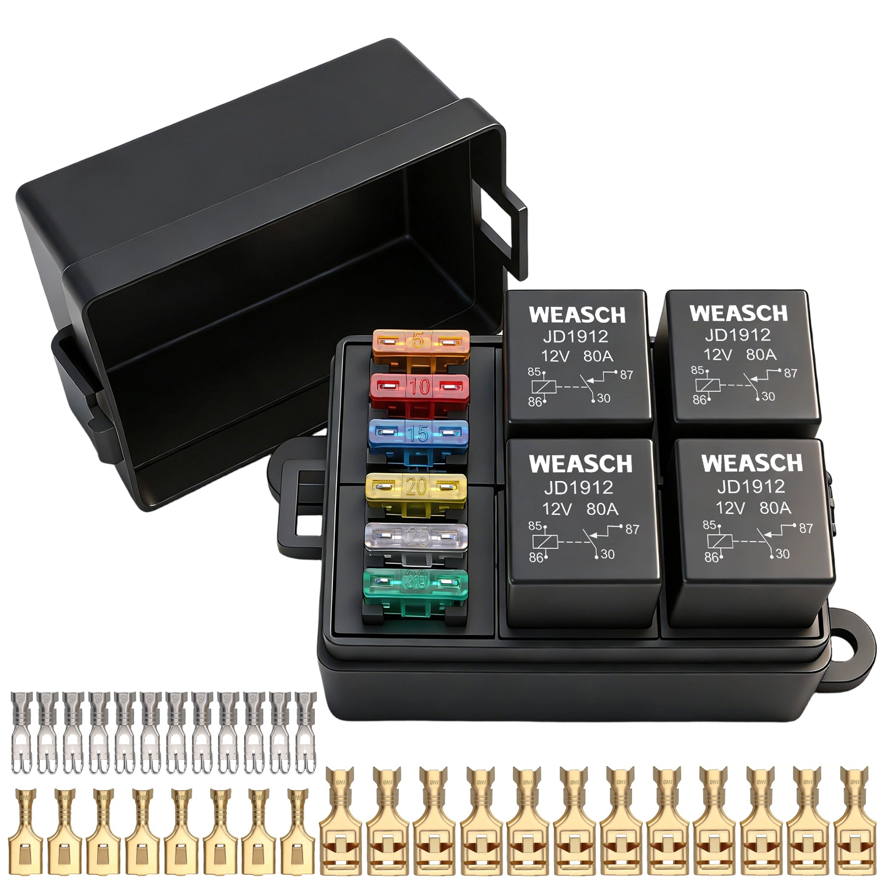 Weasch 12V 6 Way Fuse Relay Box, 4x4-Pin 80Amp Relays and 6 ATC/ATO Blade Fuses, for Cars Truck Marine Boat Jeep-1