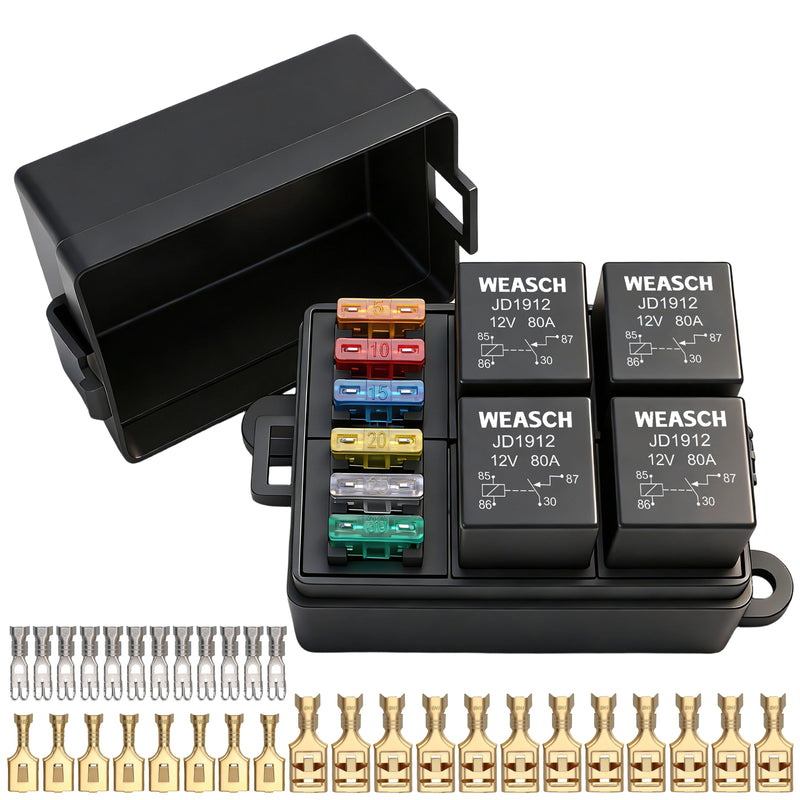 Weasch 12V 6 Way Fuse Relay Box, 4x4-Pin 80Amp Relays and 6 ATC/ATO Blade Fuses, for Cars Truck Marine Boat Jeep-1
