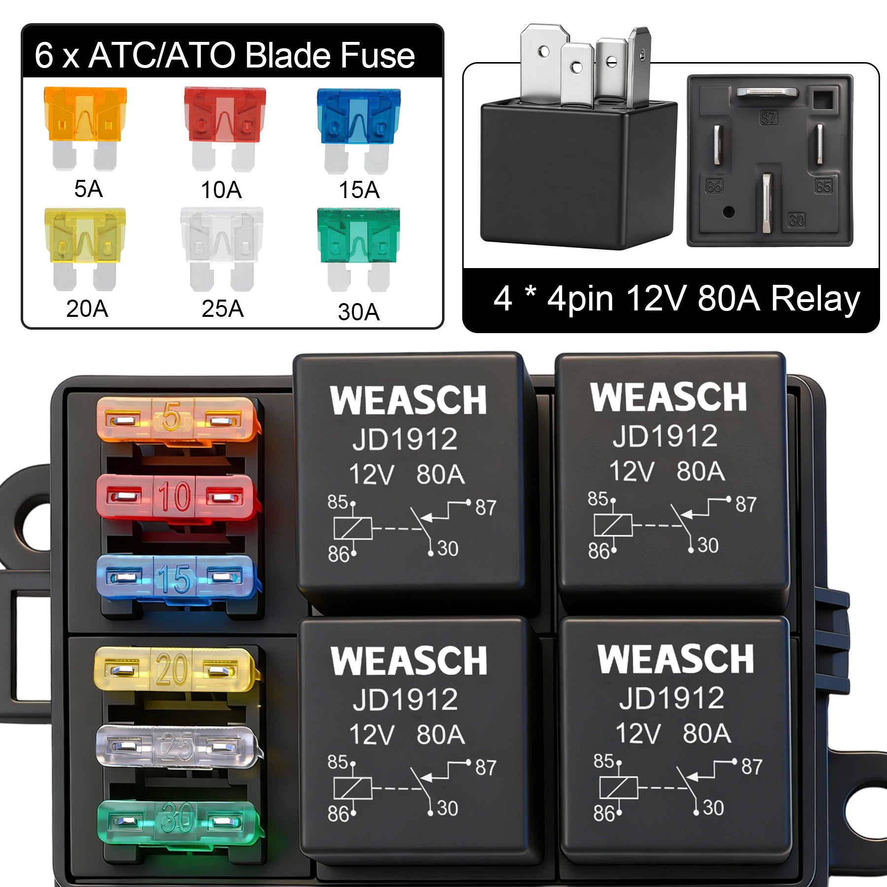 Weasch 12V 6 Way Fuse Relay Box, 4x4-Pin 80Amp Relays and 6 ATC/ATO Blade Fuses, for Cars Truck Marine Boat Jeep-2