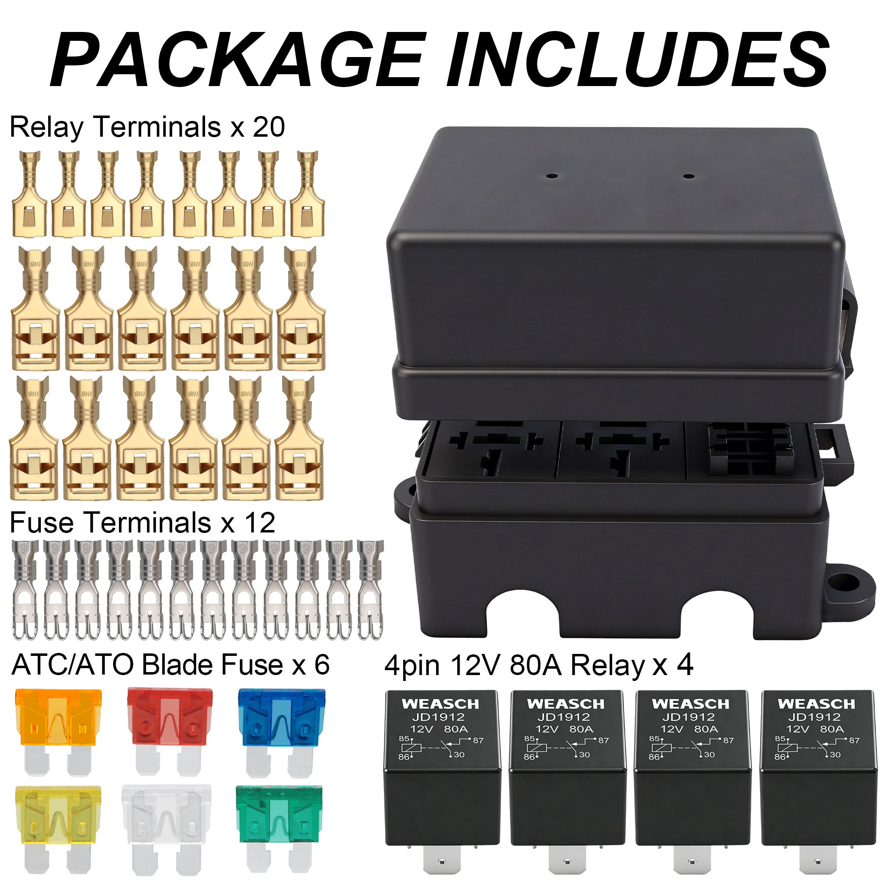 Weasch 12V 6 Way Fuse Relay Box, 4x4-Pin 80Amp Relays and 6 ATC/ATO Blade Fuses, for Cars Truck Marine Boat Jeep-7