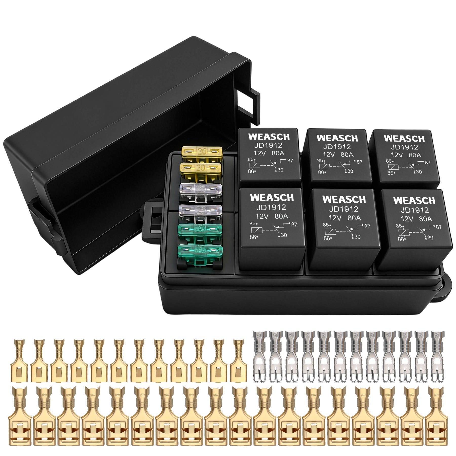 Weasch 12V 6 Way Fuse Relay Weasch Box, 6x4-Pin 80Amp Relays and 6 ATC/ATO Blade Fuses, for Cars Truck Jeep-1