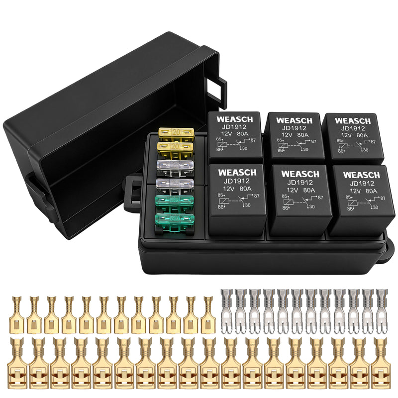Weasch 12V 6 Way Fuse Relay Weasch Box, 6x4-Pin 80Amp Relays and 6 ATC/ATO Blade Fuses, for Cars Truck Jeep-1