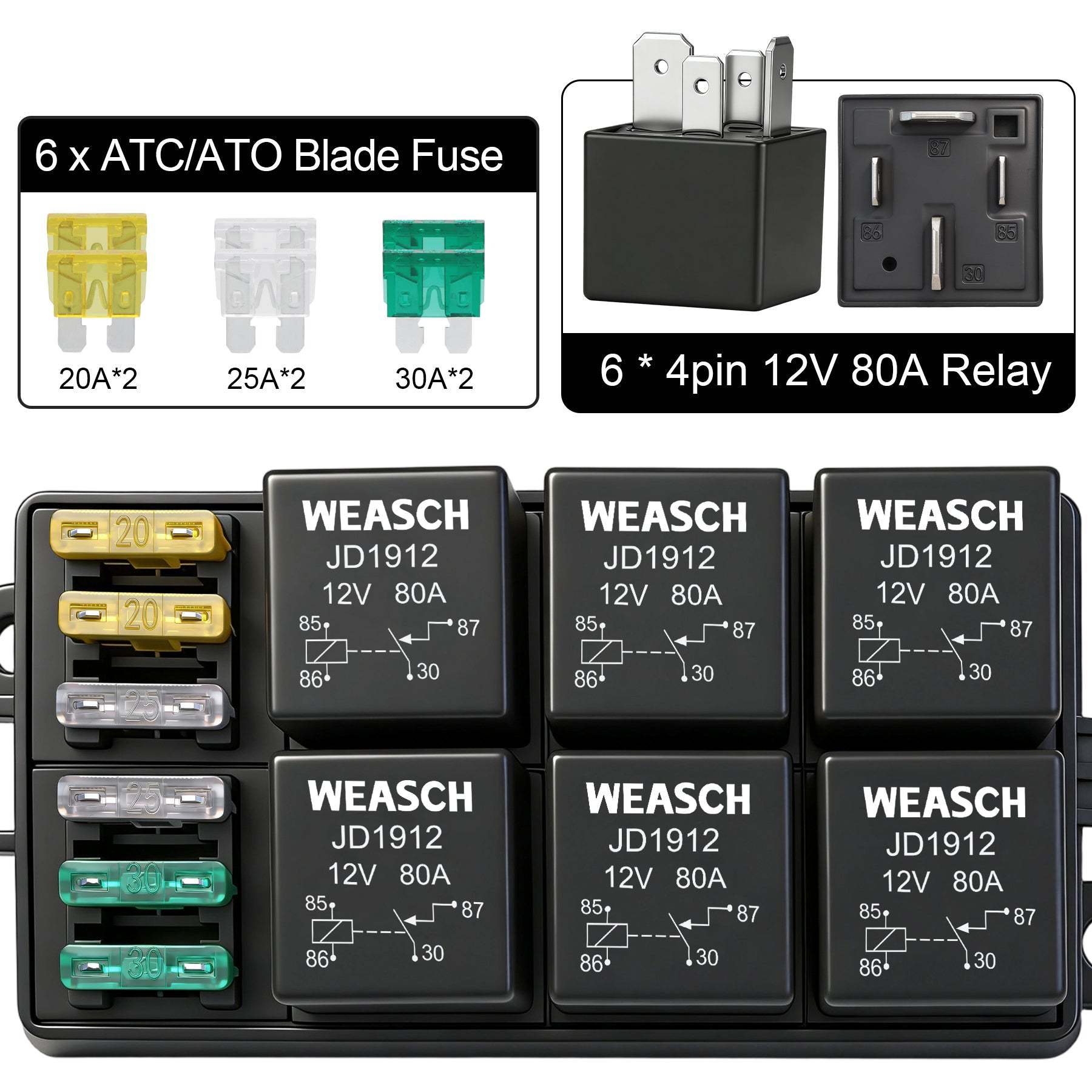 Weasch 12V 6 Way Fuse Relay Weasch Box, 6x4-Pin 80Amp Relays and 6 ATC/ATO Blade Fuses, for Cars Truck Jeep-7