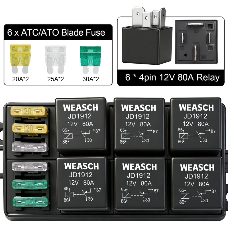 Weasch 12V 6 Way Fuse Relay Weasch Box, 6x4-Pin 80Amp Relays and 6 ATC/ATO Blade Fuses, for Cars Truck Jeep-7