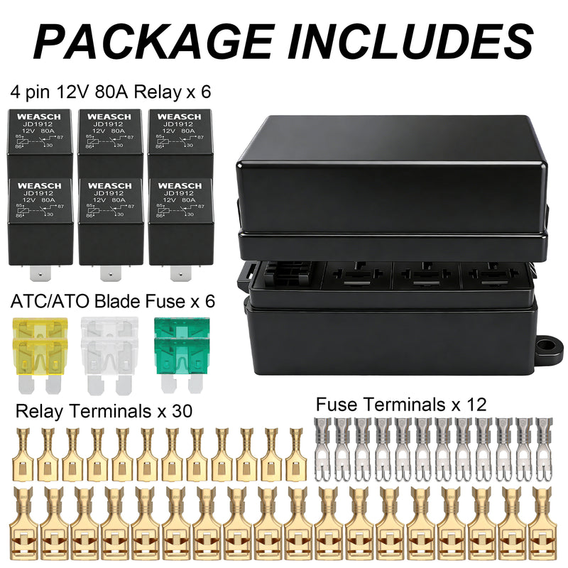 Weasch 12V 6 Way Fuse Relay Weasch Box, 6x4-Pin 80Amp Relays and 6 ATC/ATO Blade Fuses, for Cars Truck Jeep-2