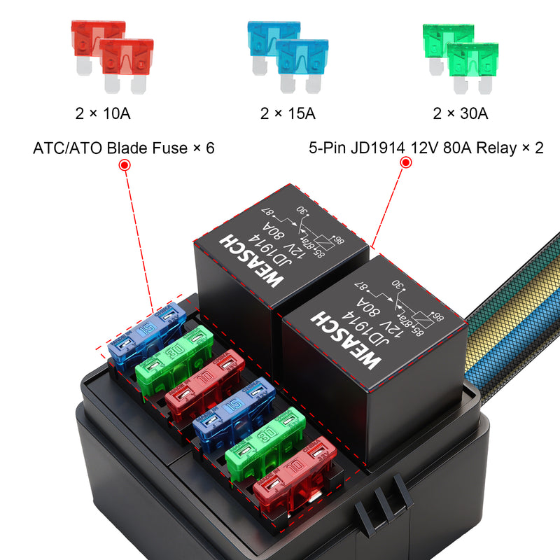 Weasch 12V 80A 6 Way Pre-Wired Fuse Relay Box, 2 Relays and 6 ATC/ATO Blade Fuses, 5-Pin Relay Block and Kit, for Cars Truck Jeep-6