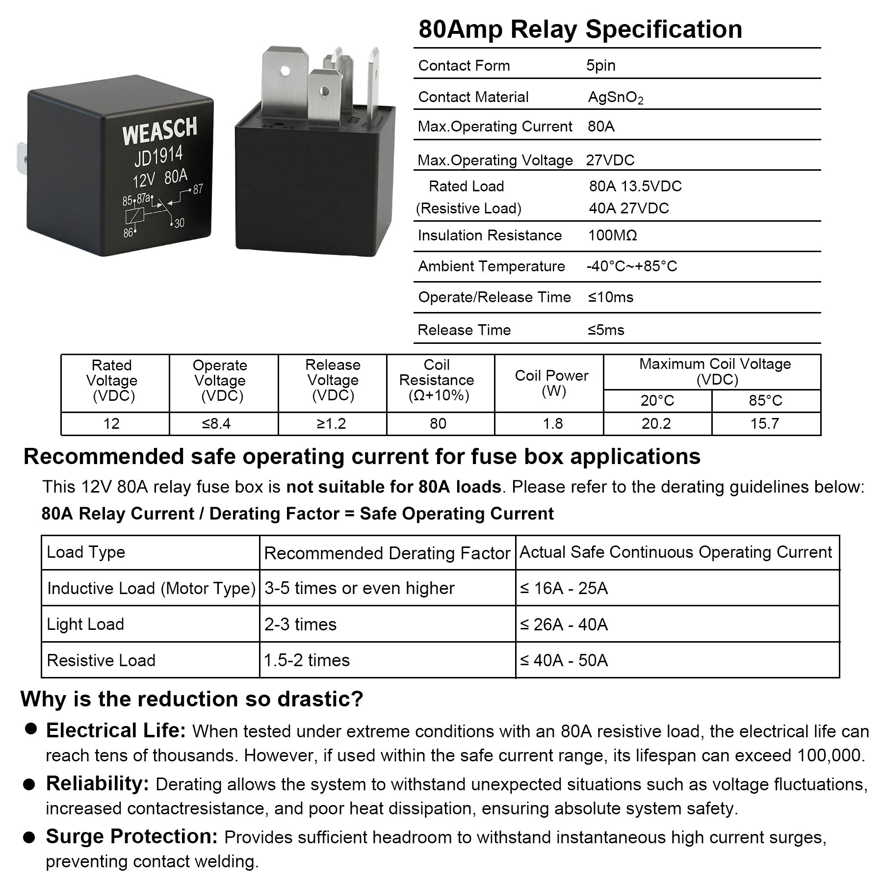 Weasch 12V 80A 6 Way Pre-Wired Fuse Relay Box, 2 Relays and 6 ATC/ATO Blade Fuses, 5-Pin Relay Block and Kit, for Cars Truck Jeep-5