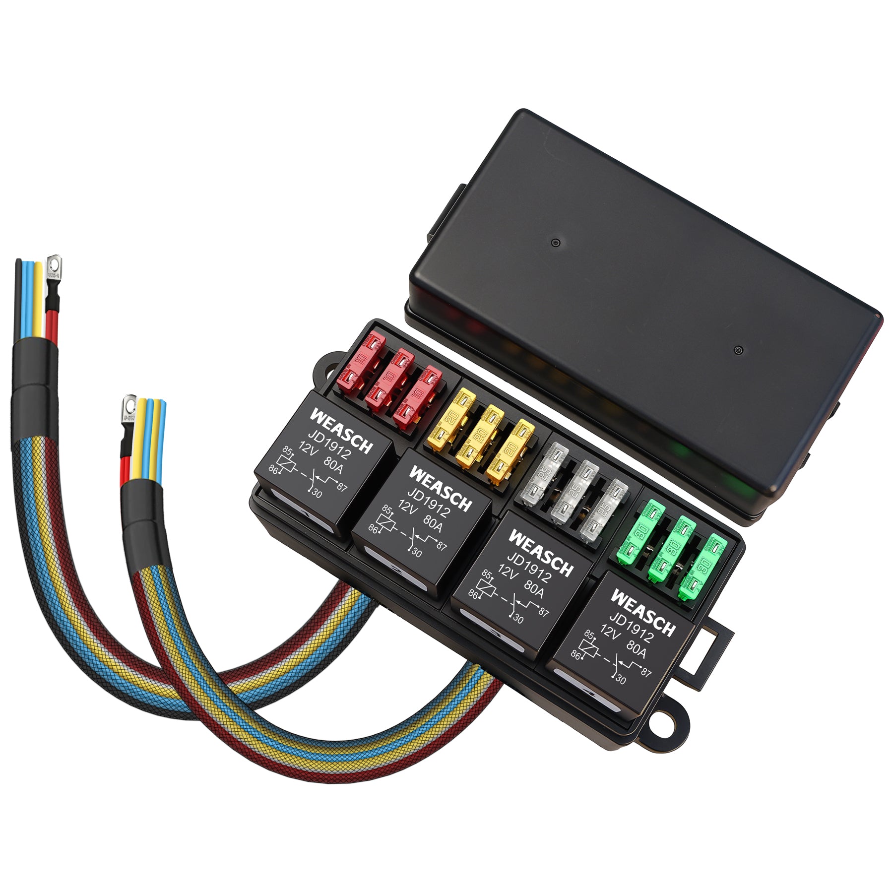 Weasch 12V 80Amp Relay Box, 12 Way Pre-Wired Relay Box, 4 Relays and 12 Slot ATC/ATO Blade Fuses, Universal Relay Panel, for Automotive Car Truck Jeep-1