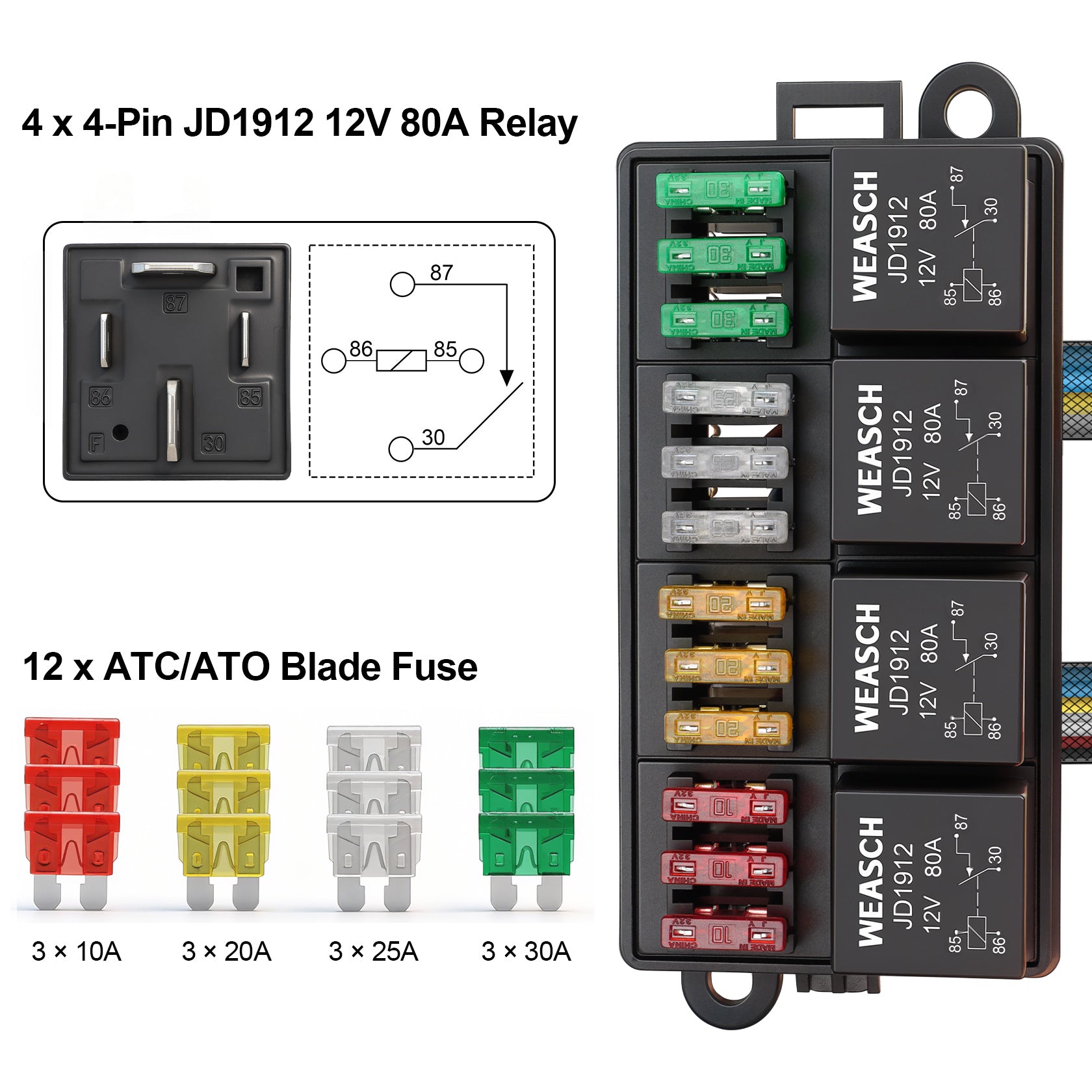 Weasch 12V 80Amp Relay Box, 12 Way Pre-Wired Relay Box, 4 Relays and 12 Slot ATC/ATO Blade Fuses, Universal Relay Panel, for Automotive Car Truck Jeep-6