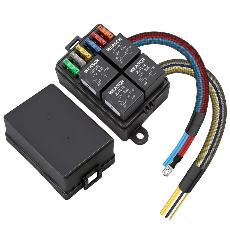 Weasch 12V 80Amp Relay Box, 6 Way Pre-Wired Relay Box, 4 Relays and 6 Slot ATC/ATO Blade Fuses, Universal Relay Panel, for Automotive Car Truck Jeep-1