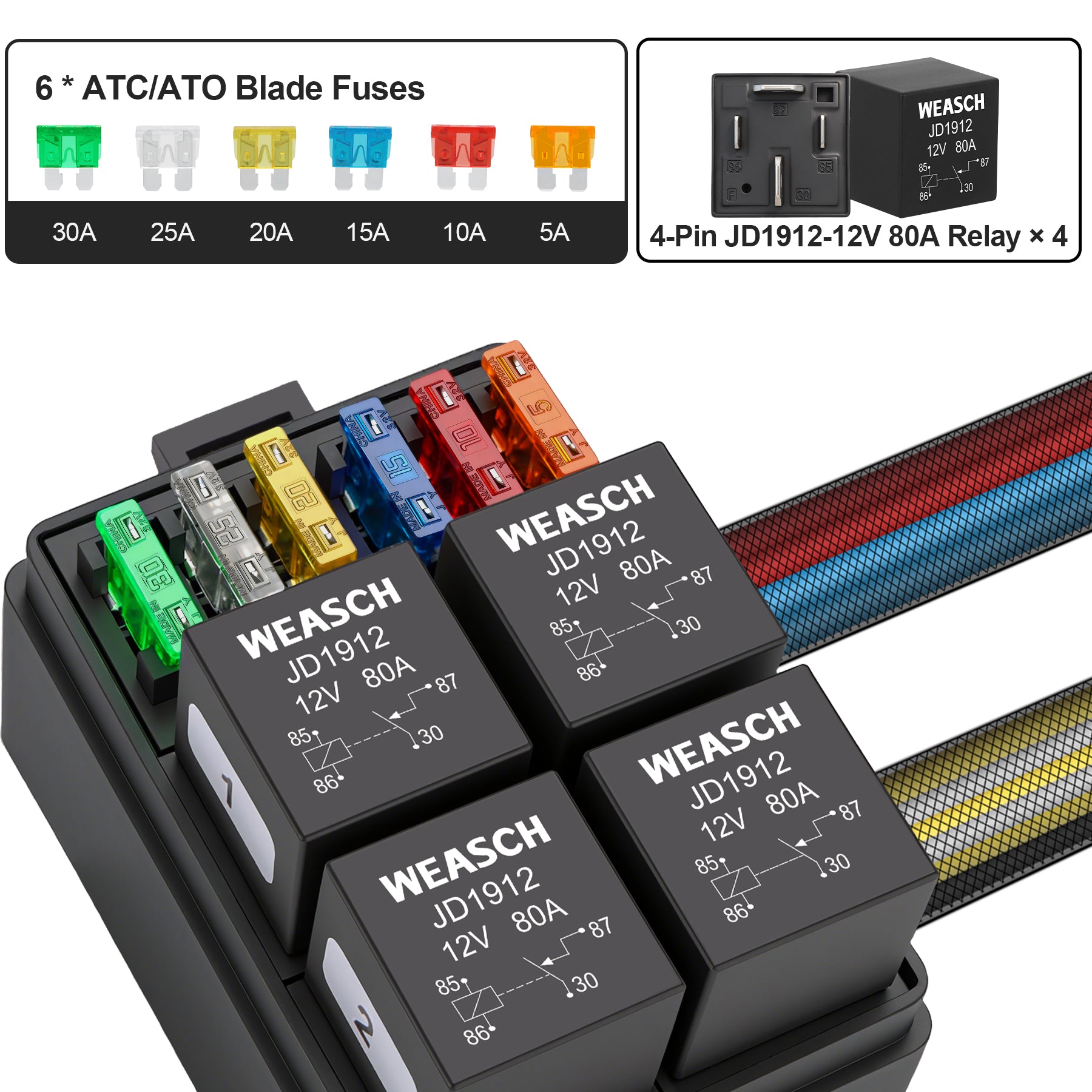 Weasch 12V 80Amp Relay Box, 6 Way Pre-Wired Relay Box, 4 Relays and 6 Slot ATC/ATO Blade Fuses, Universal Relay Panel, for Automotive Car Truck Jeep-6