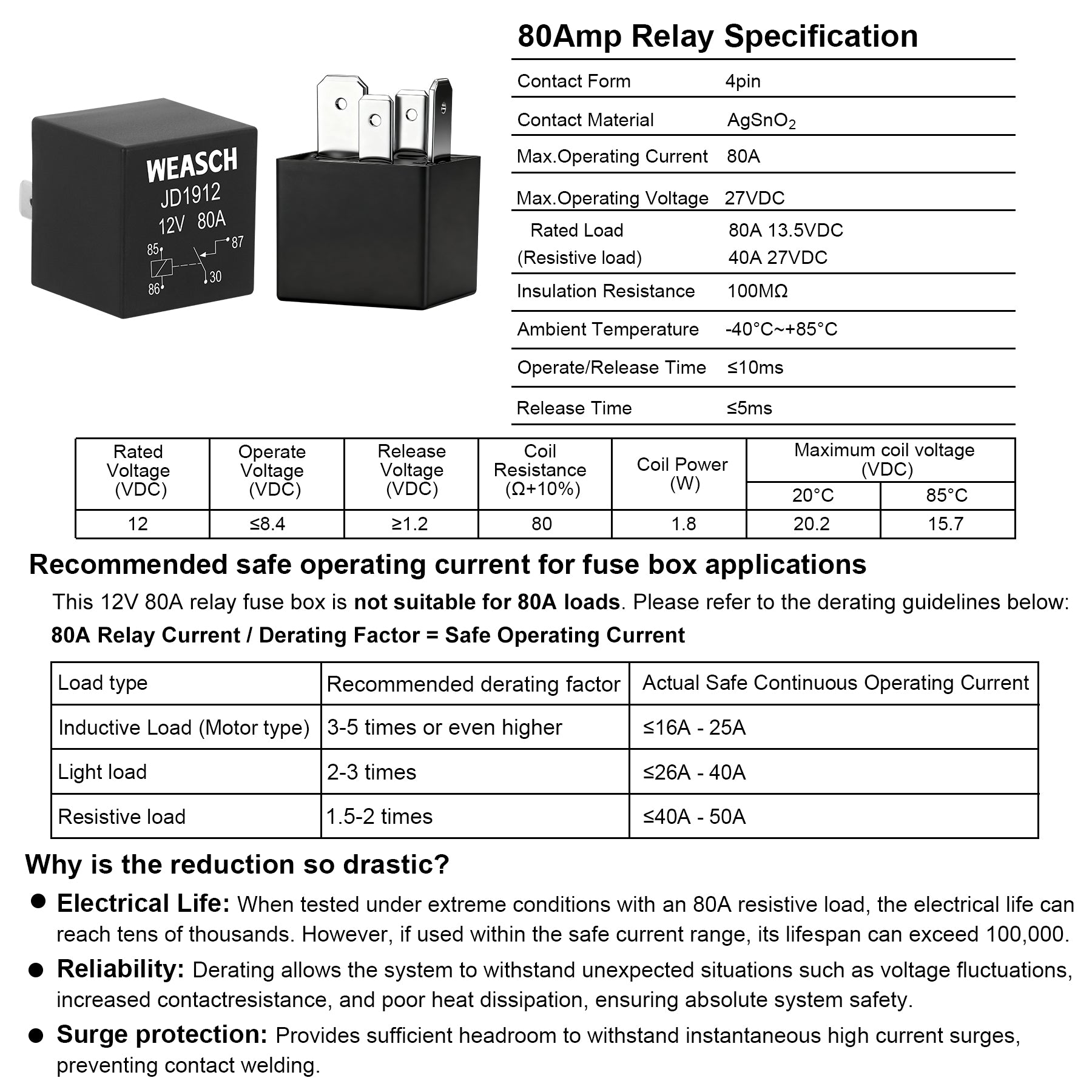 Weasch 12V 80Amp Relay Box, 6 Way Pre-Wired Relay Box, 4 Relays and 6 Slot ATC/ATO Blade Fuses, Universal Relay Panel, for Automotive Car Truck Jeep-4