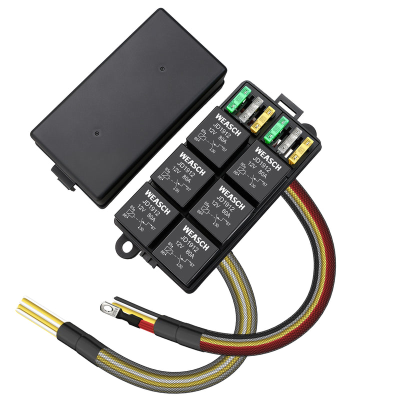 Weasch 12V 80Amp Relay Box, 6 Way Pre-Wired Relay Box, 6 Relays and 6 Slot ATC/ATO Blade Fuses, Universal Relay Panel, for Automotive Car Truck Jeep-1