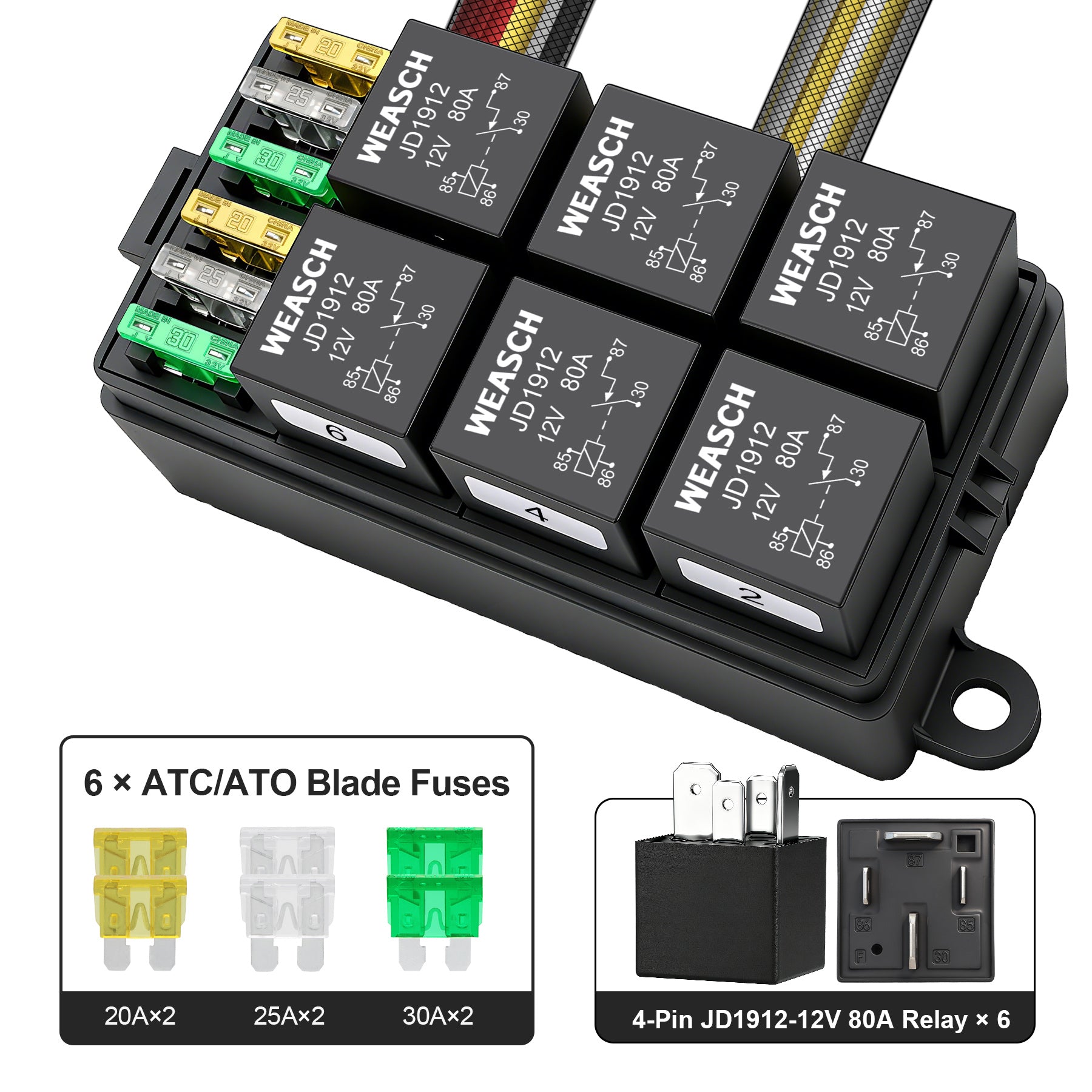 Weasch 12V 80Amp Relay Box, 6 Way Pre-Wired Relay Box, 6 Relays and 6 Slot ATC/ATO Blade Fuses, Universal Relay Panel, for Automotive Car Truck Jeep-6