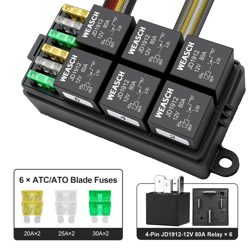 Weasch 12V 80Amp Relay Box, 6 Way Pre-Wired Relay Box, 6 Relays and 6 Slot ATC/ATO Blade Fuses, Universal Relay Panel, for Automotive Car Truck Jeep-6