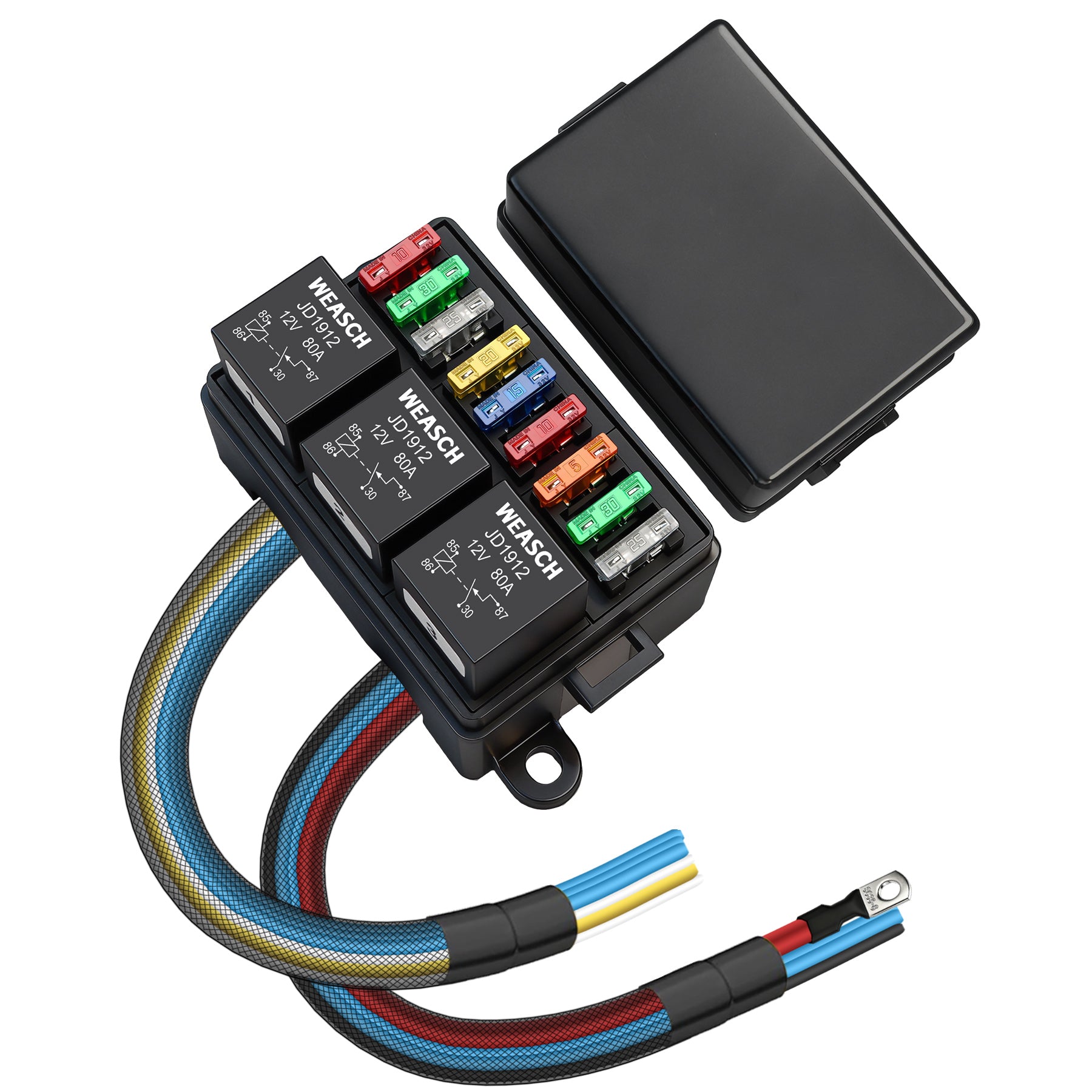 Weasch 12V 80Amp Relay Box, 9 Way Pre-Wired Relay Box, 3 Relays and 9 Slot ATC/ATO Blade Fuses, Universal Relay Panel, for Automotive Car Truck Jeep-1