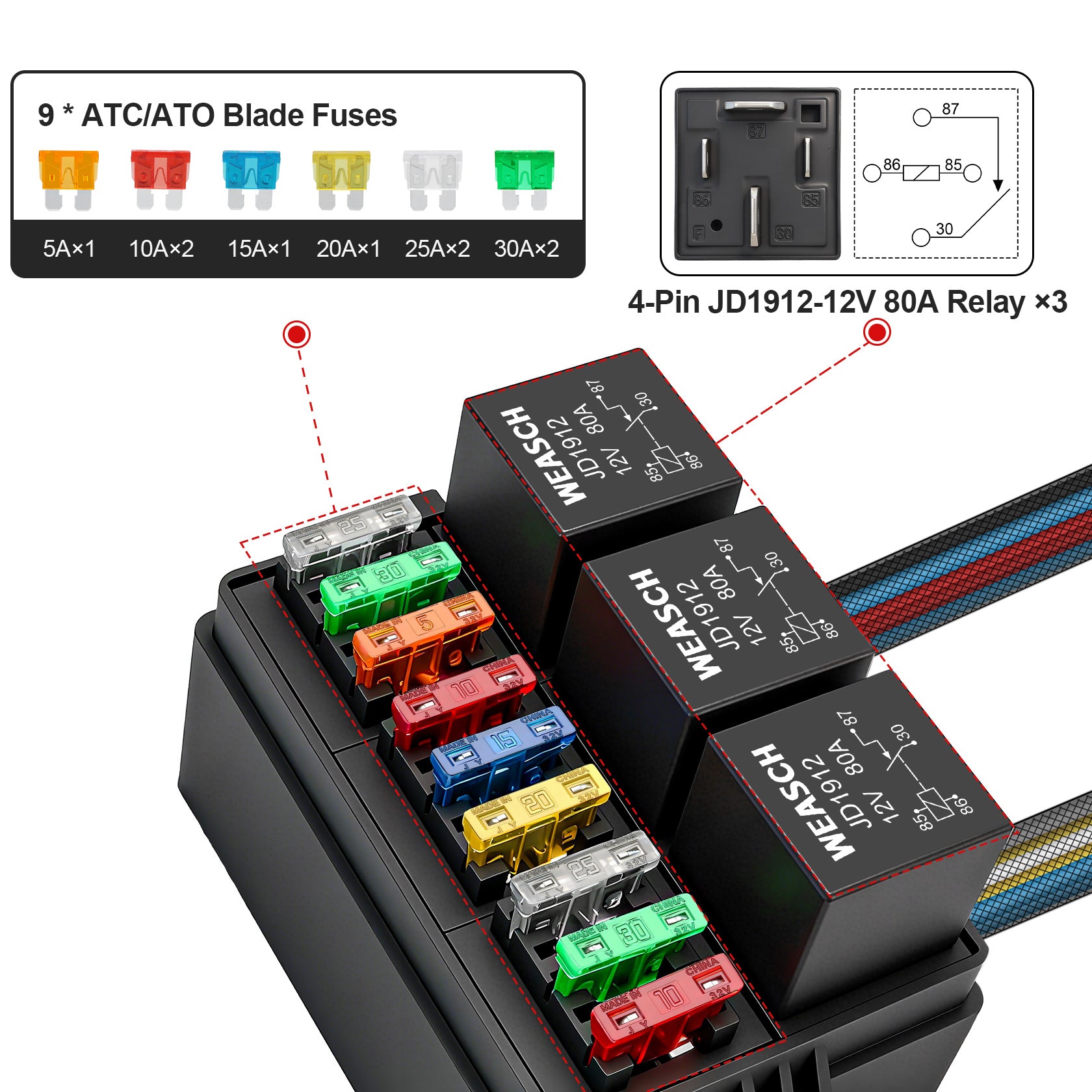Weasch 12V 80Amp Relay Box, 9 Way Pre-Wired Relay Box, 3 Relays and 9 Slot ATC/ATO Blade Fuses, Universal Relay Panel, for Automotive Car Truck Jeep-6