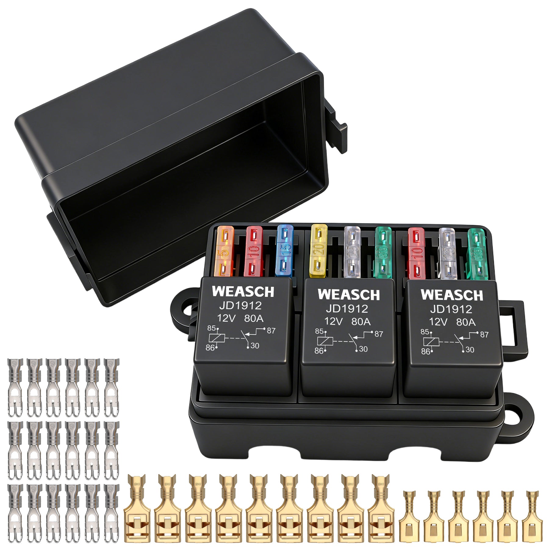Weasch 12V 9 Way Fuse Relay Box, 3x4-Pin 80Amp Relays and 9 ATC/ATO Bl