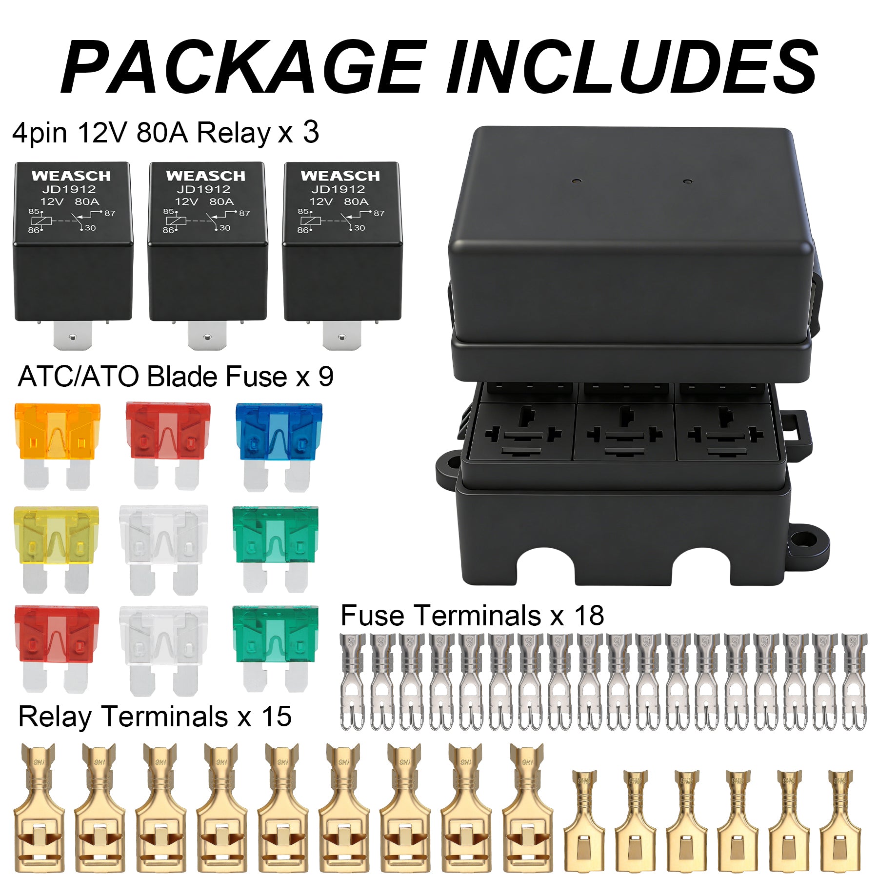 Weasch 12V 9 Way Fuse Relay Box, 3x4-Pin 80Amp Relays and 9 ATC/ATO Blade Fuses, for Cars Truck Marine Boat Jeep-7