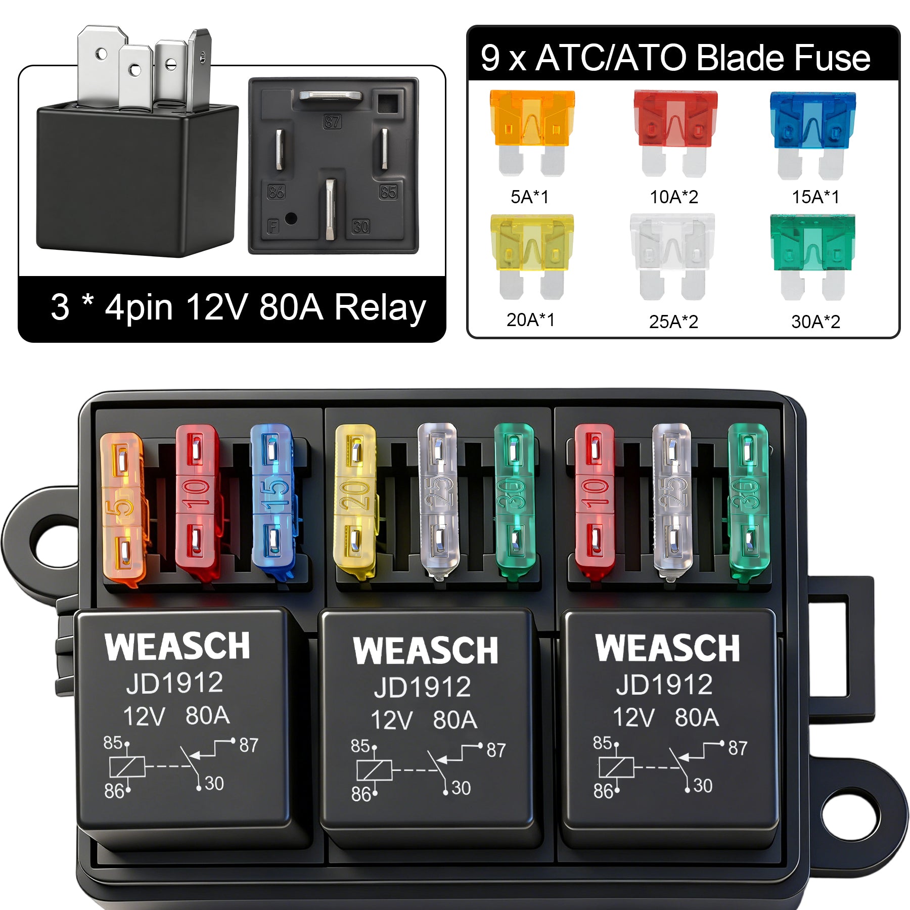 Weasch 12V 9 Way Fuse Relay Box, 3x4-Pin 80Amp Relays and 9 ATC/ATO Blade Fuses, for Cars Truck Marine Boat Jeep