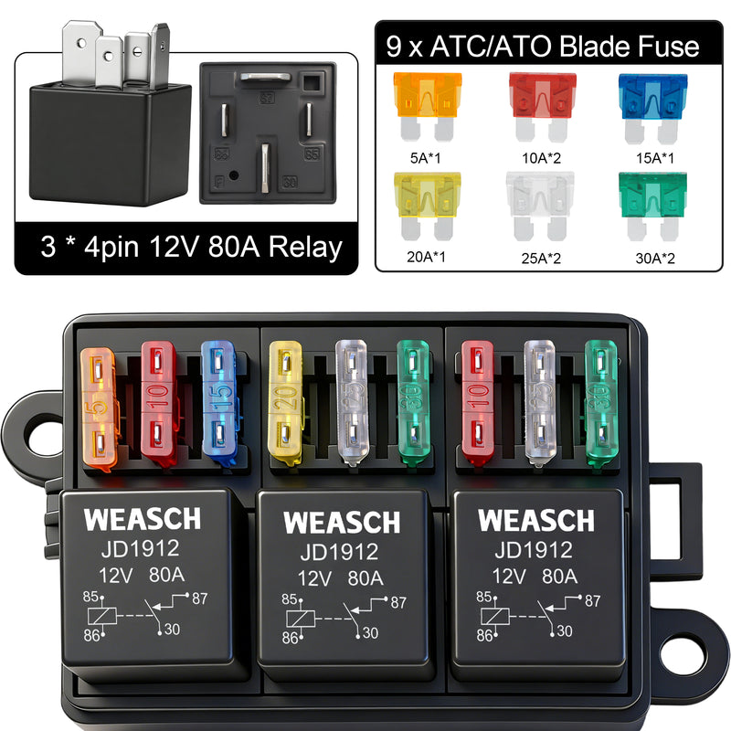 Weasch 12V 9 Way Fuse Relay Box, 3x4-Pin 80Amp Relays and 9 ATC/ATO Blade Fuses, for Cars Truck Marine Boat Jeep-2