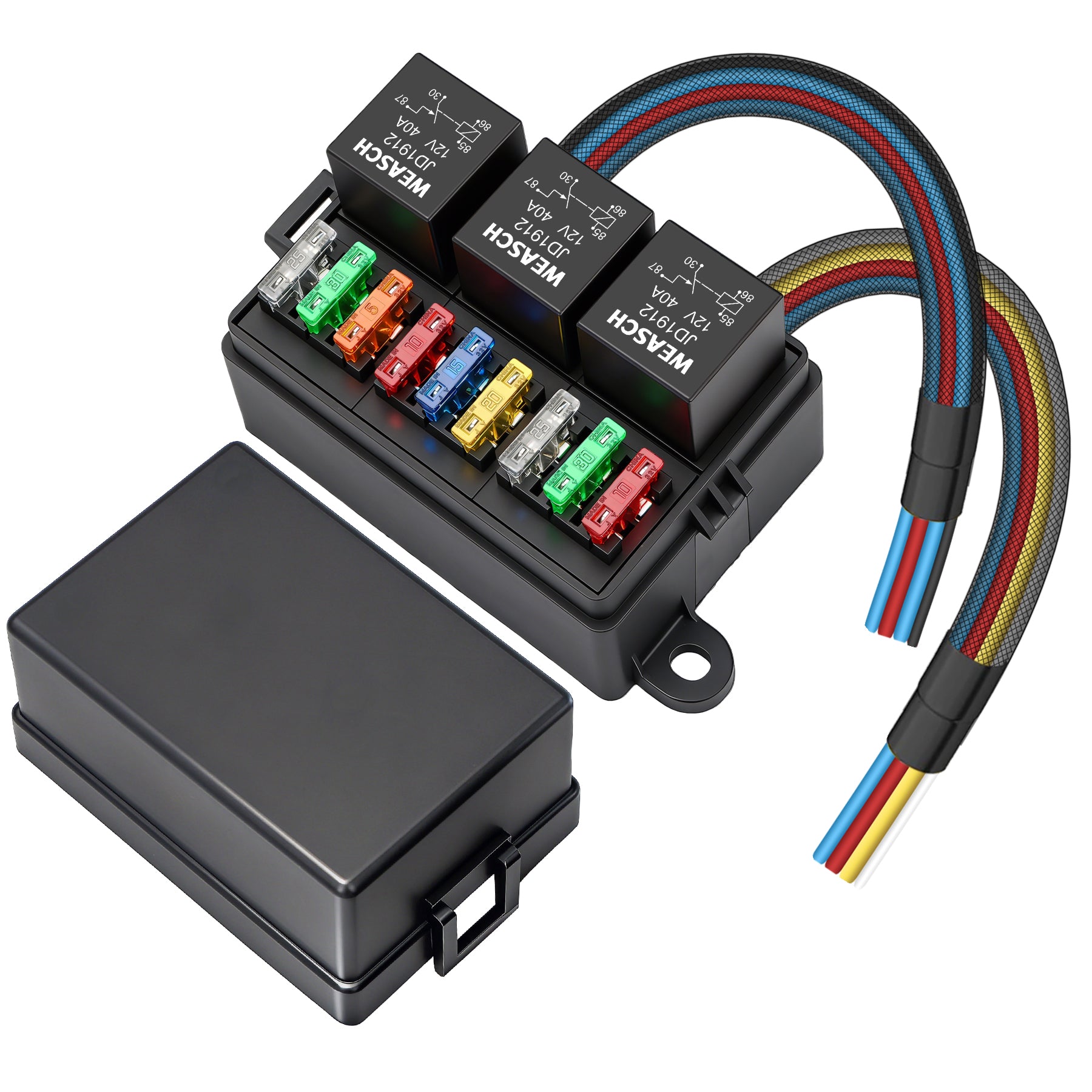 Weasch 12V 9 Way Pre-Wired Fuse Relay Box, 3 Relays and 9 ATC/ATO Blade Fuses, 4-Pin 40A Relay Block and Kit, for Cars Truck Marine Boat Jeep-1