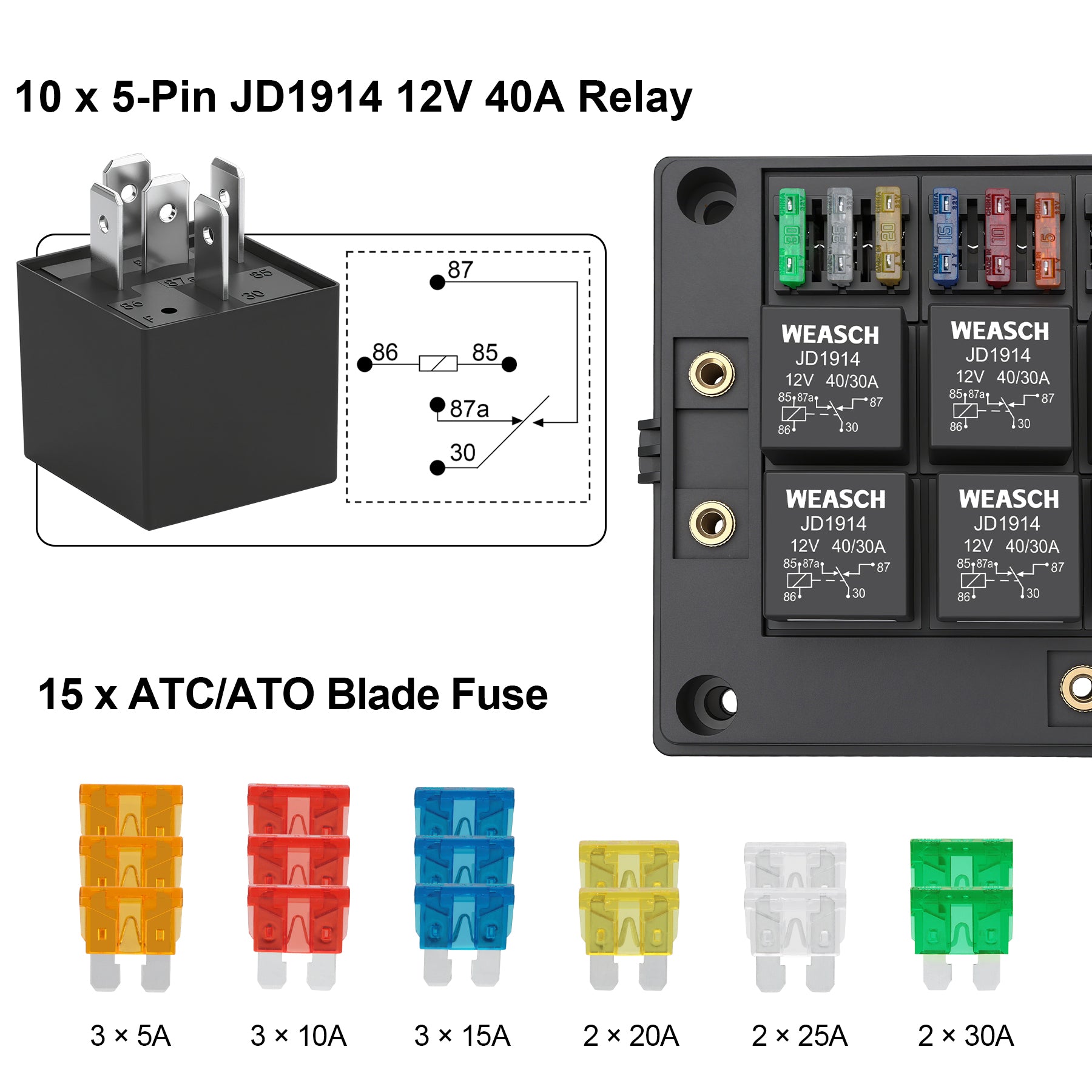 Weasch 12V Relay Box 15 Way Fuse Relay Box, with Pre-Wired, 10 Relays and 15 ATC/ATO Blade Fuses, 5 Pin Relay Block and Kit, for Automotive Car Marine Truck Boat-5