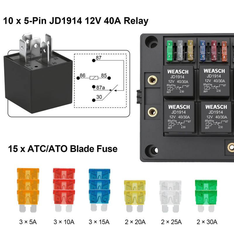 Weasch 12V Relay Box 15 Way Fuse Relay Box, with Pre-Wired, 10 Relays and 15 ATC/ATO Blade Fuses, 5 Pin Relay Block and Kit, for Automotive Car Marine Truck Boat-5