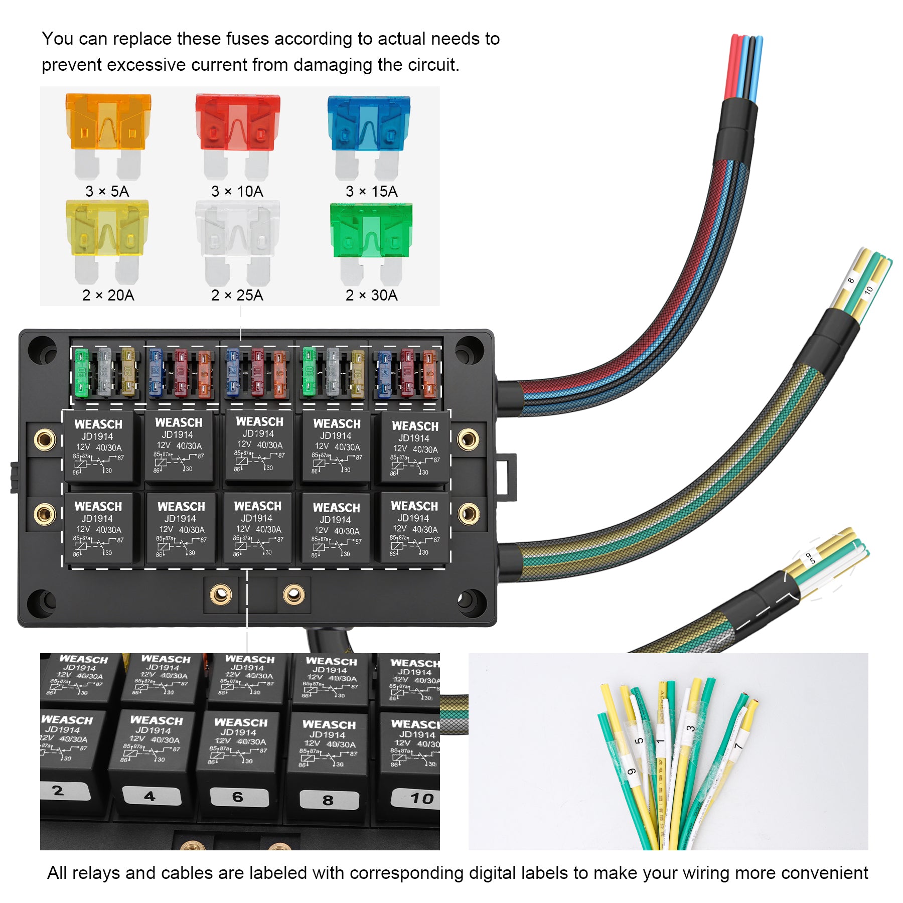 Weasch 12V Relay Box 15 Way Fuse Relay Box, with Pre-Wired, 10 Relays and 15 ATC/ATO Blade Fuses, 5 Pin Relay Block and Kit, for Automotive Car Marine Truck Boat-6